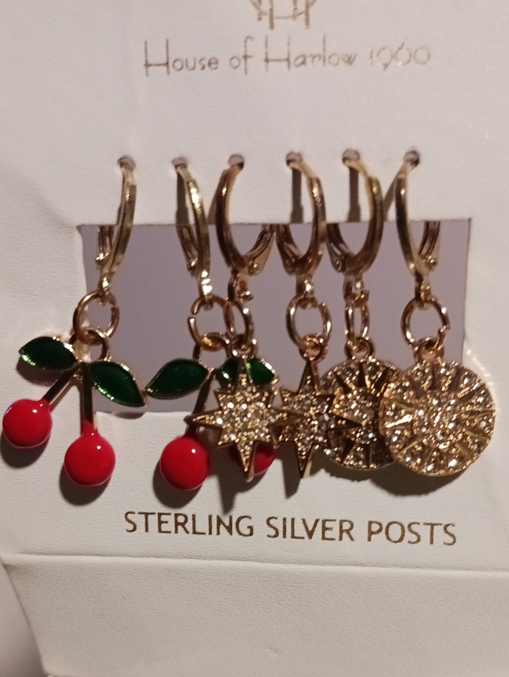 House of Harlow 1960 Gold Cherry and Star Charm Hoop Earring Set - Red & Green